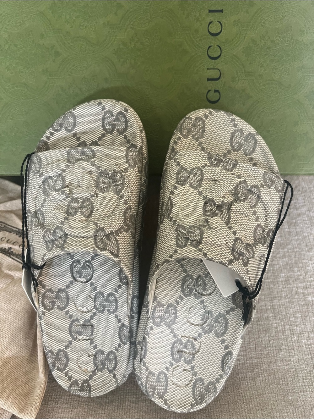 New Gucci GG Beige Monogram Platform Mule Slides - Picture 2 of 9